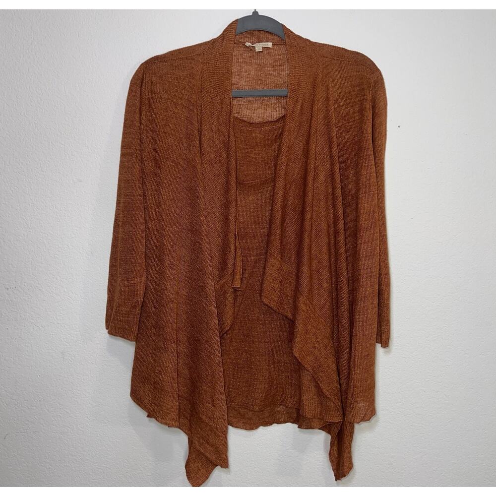 Eileen Fisher Cardigan Set Size S Rust Brown Open Front 100% Linen Knit Tank Top
